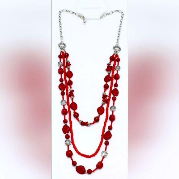 New Semi Precious Multi Strand Red & Silver Necklace 30" NWT - Picture 1 of 3